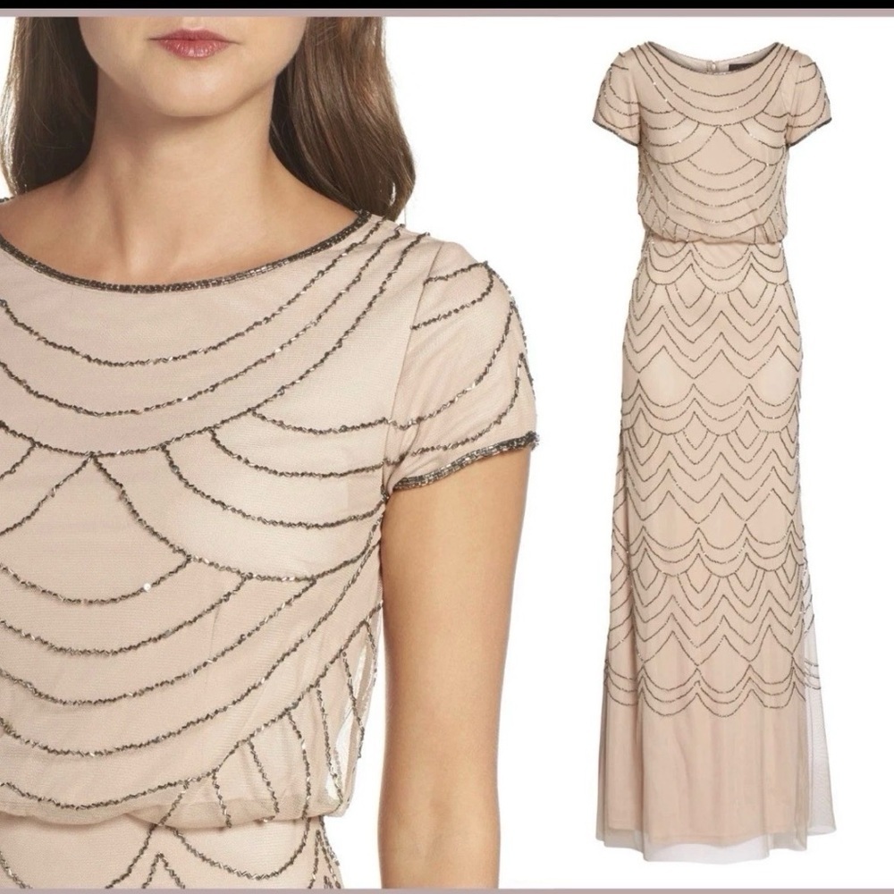 Adrianna Papell Blush Pink Beaded Tulle Gown Embellished Formal Dress 6 - Picture 3 of 17